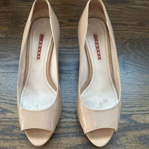 Prada sport patent leather wedges in Nude sz 9